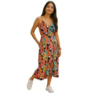 Farm Rio‎ Womens Size M Toucan Wrap Dress Ruffle Hem Beaded Accent NWT